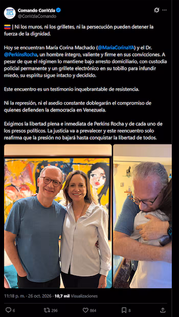 Capture d'une publication sur les réseaux sociaux avec du texte et deux photographies de María Corina Machado et Perkins Rocha s'embrassant et souriant
