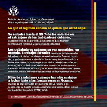 Le Département d'État américain détaille les arguments avancés par Washington pour rejeter la résolution sur Cuba à l'Assemblée générale des Nations Unies. (Courtoisie : @WHAAsstSecty).